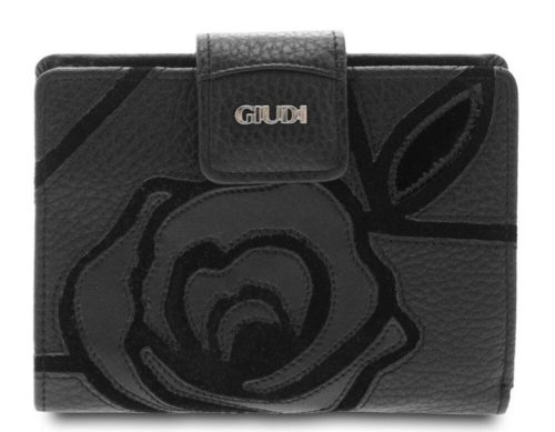 Giudi női fekete nyomott rózsa mintás bőr pénztárca