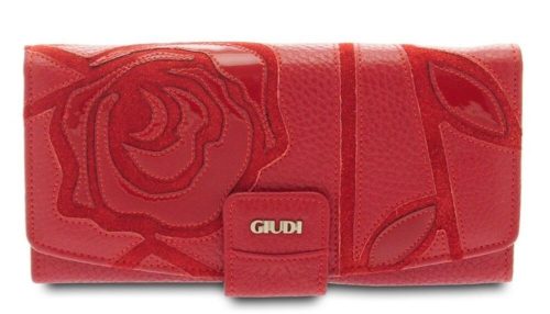 Giudi női, nagyméretű, piros nyomott rózsa mintás bőr pénztárca