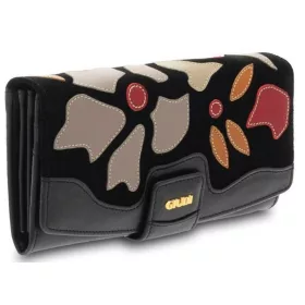 Giudi átfogópántos női fekete színű virág mintás bőr pénztárca