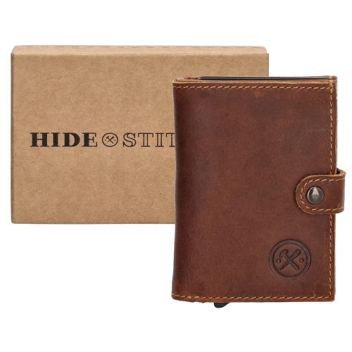 Hide&Stiches konyak bőr pop-up mini pénztárca, kártyatartó 10×7 cm