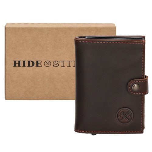 Hide&Stiches sötétbarna bőr pop-up mini pénztárca, kártyatartó 10×7 cm