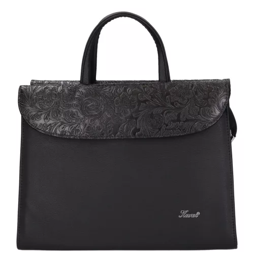 Karen Klotylda 284 fekete virágmintás, női, rostbőr aktatáska 37 x 28 x 10 cm