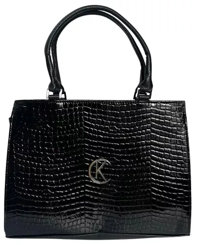Kubra D 646 fekete, lakk, női rostbőr kézitáska, válltáska 33 x 26 x 12 cm