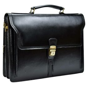   Maxmoda olasz két zsebes, dupla rekeszes fekete férfi bőr aktatáska 34 × 25 cm