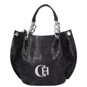   Karen Nesca K 772 bis fekete virágmintás, női rostbőr kézitáska, válltáska 28 ×  23 × 14 cm