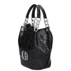   Karen Nesca K 772 bis fekete virágmintás, női rostbőr kézitáska, válltáska 28 ×  23 × 14 cm