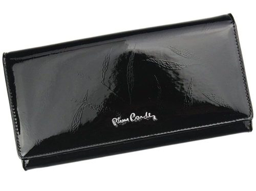 Pierre Cardin női lakkbőr pénztárca, fekete, levélmintás, 19 × 10 cm 