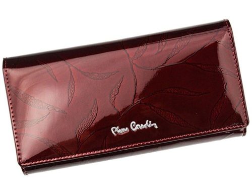 Pierre Cardin női lakkbőr pénztárca, bordó, levélmintás, 19 × 10 cm 