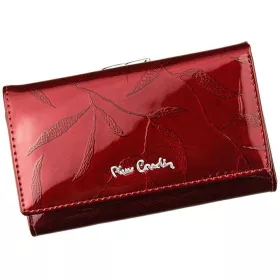   Pierre Cardin női lakkbőr pénztárca, piros, levélmintás, 14,5 × 8,5 cm