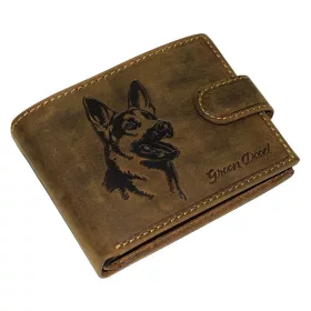   GreenDeed barna bőr pénztárca németjuhász mintával, RFID 12 × 9,3 cm