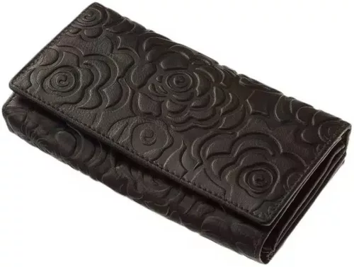 Sylvia Belmonte virágmintás, fekete női bőr pénztárca 16,5 × 9,3 cm