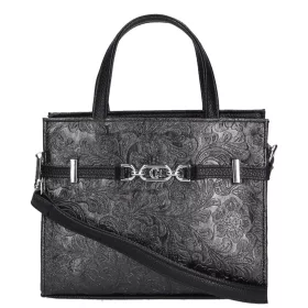   Karen Vivian K 7038 fekete virágmintás, női rostbőr kézitáska, válltáska 23 × 18 × 9,5 cm