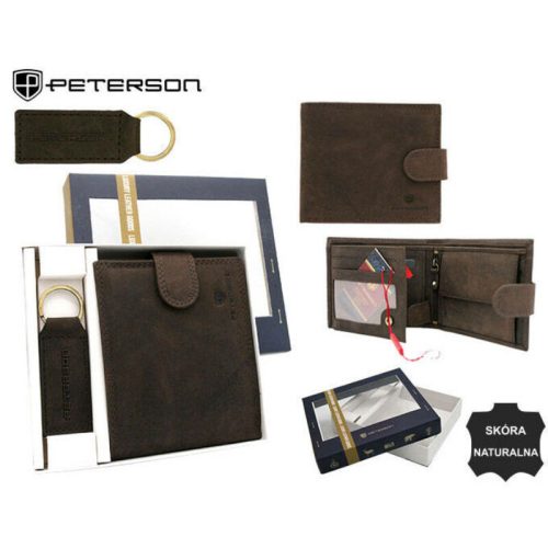 Peterson sötétbarna férfi bőr pénztárca kulcstartóval, RFID 12,5×10,5 cm